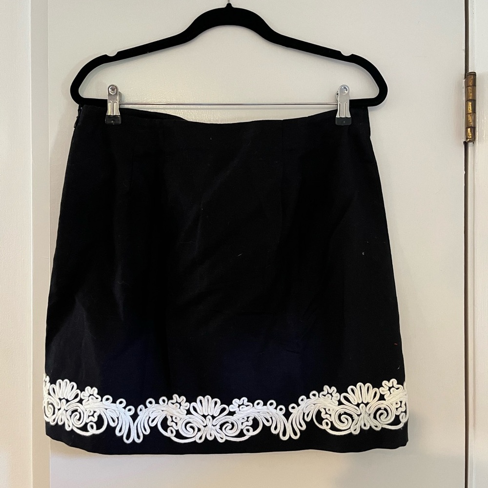 LOFT Black Mini Skirt with White Embroidered Hem NWT